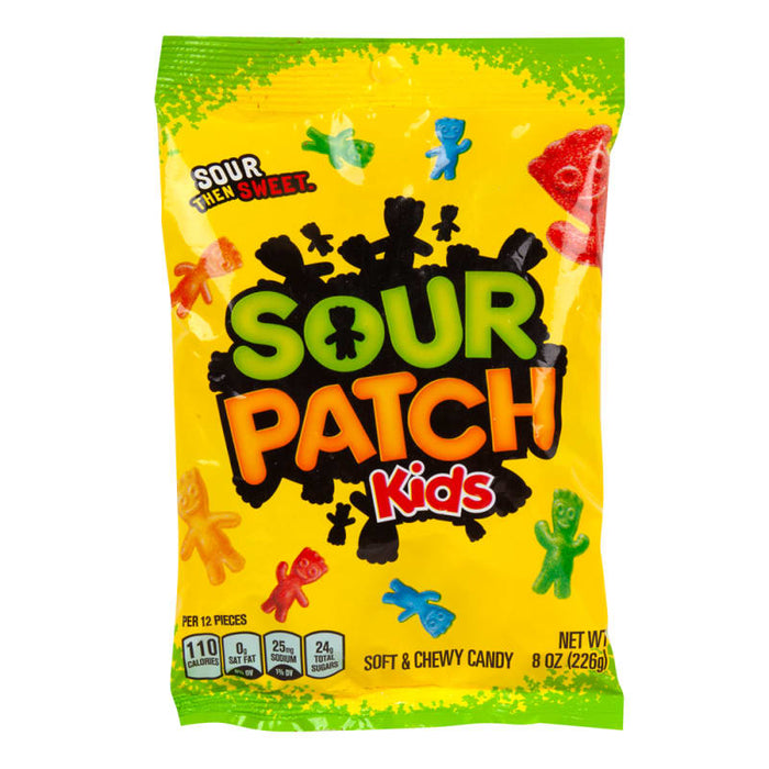 Sour Patch Kids: sour candy. Sold in an 8 oz clear plastic peg bag that hangs from a printed header card, with the candy visible inside.