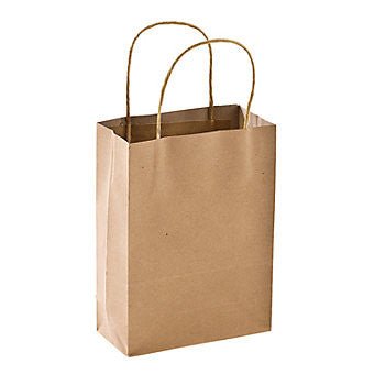 Brown kraft paper gift bag with twin rope handles and a rectangular shape suitable for medium-sized items.