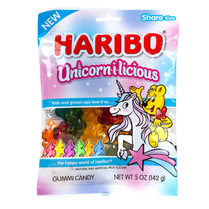 Haribo Unicorn-I-Liscious Gummi Candy: soft, chewy gummy candies. Sold in a 5 oz clear plastic peg bag that hangs from a printed header card, with the candy visible inside.
