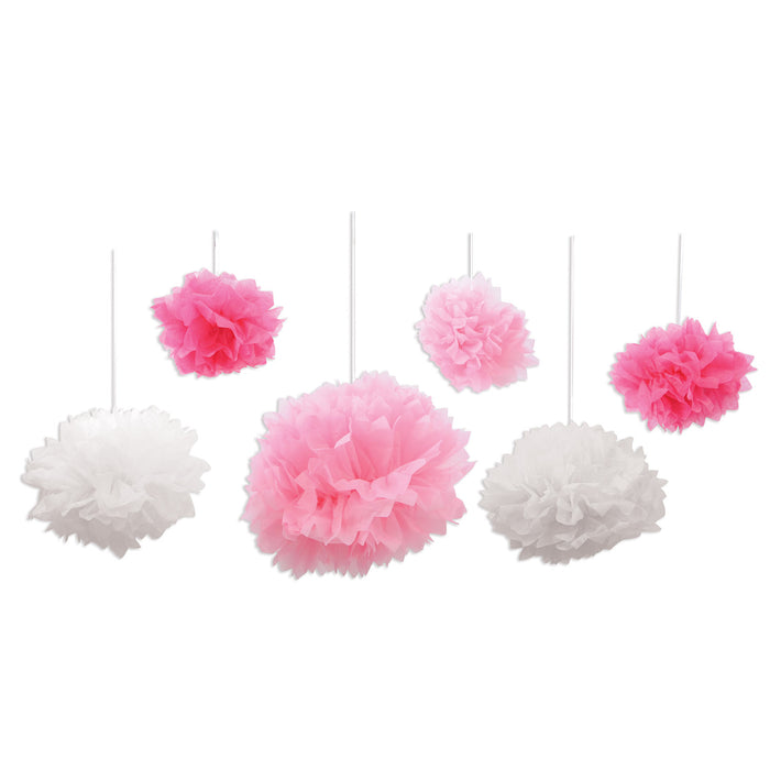 A tissue-paper hanging tissue balls featuring a fluff design. Comes in a pack of 6.
