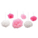 A tissue-paper hanging tissue balls featuring a fluff design. Comes in a pack of 6.