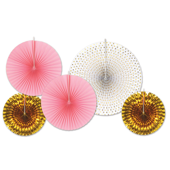 A foil folded paper fan decoration featuring a decorative design. Comes in a pack of 5.