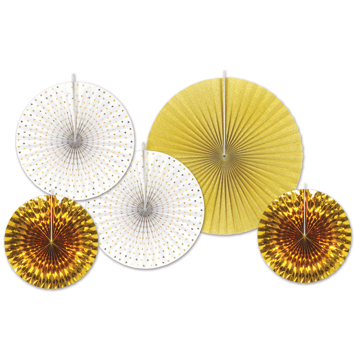 A foil folded paper fan decoration featuring a decorative design. Comes in a pack of 5.