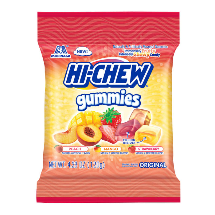 Hi-Chew Original Gummies: soft gummy candies, in a mix of bright colors. Sold in a 4.23 oz clear plastic peg bag that hangs from a printed header card, with the candy visible inside.