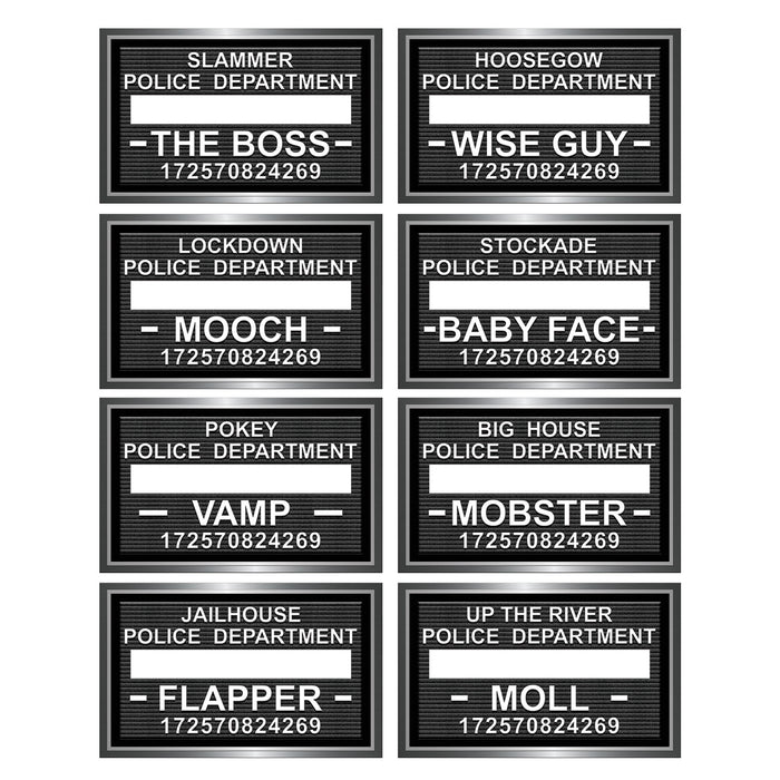 A set of photo-booth signs printed with a speakeasy mug shot design. Comes in a pack of 8.