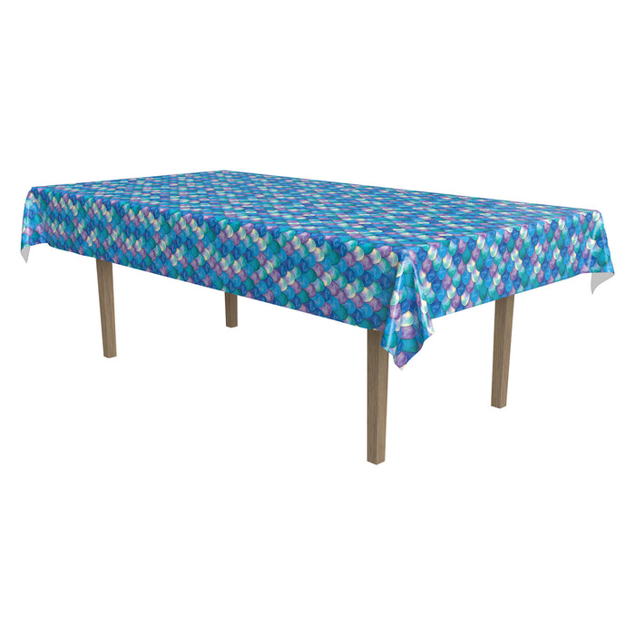 A rectangular table cover printed with a mermaid scales design. Sold as a single piece.