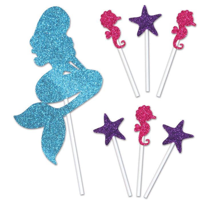 A cake topper pick featuring a mermaid design. Sold as a single piece.