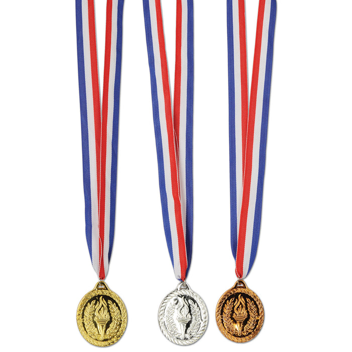 A gold set of award medals on neck ribbons featuring a , & bronze design. Comes in a pack of 3.