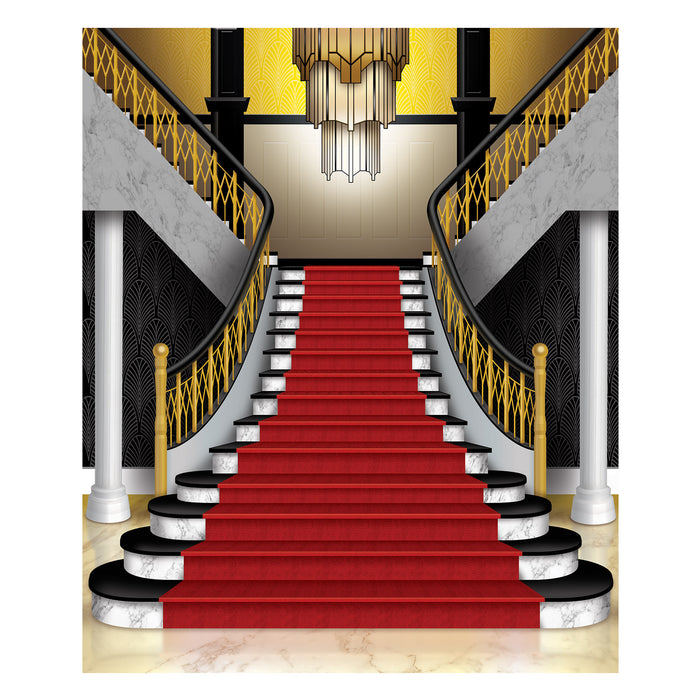 A large printed wall mural printed with a grand staircase photo op design. Sold as a single piece.