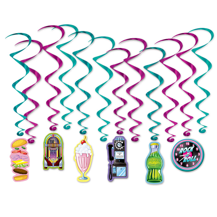 A cluster of hanging swirl decorations featuring a soda shop design. Comes in a pack of 12.