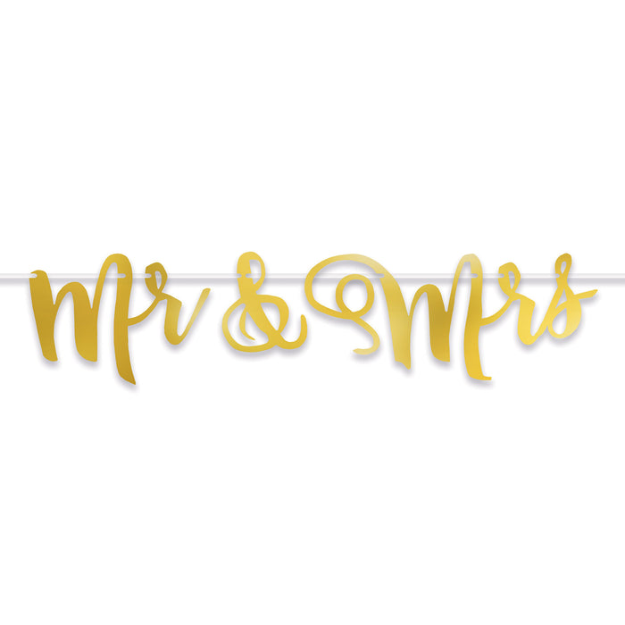 A foil coiled hanging streamer featuring a mr & mrs design. Sold as a single piece.