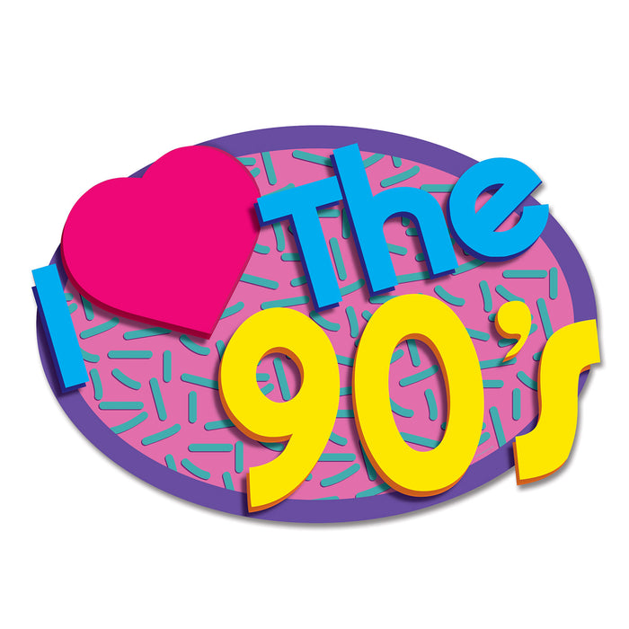 A set of flat die-cut cutouts featuring a i love the 90's design. Comes in a pack of 2.