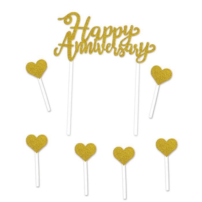 A cake topper pick featuring a happy anniversary design. Sold as a single piece.