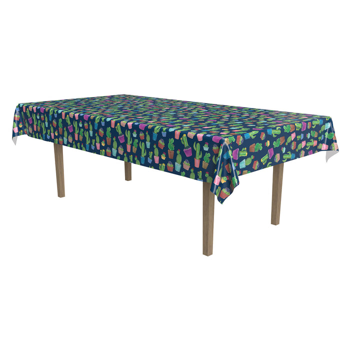 A rectangular table cover printed with a cactus design. Sold as a single piece.