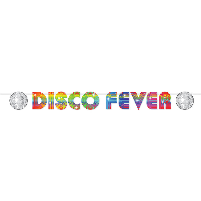 A coiled hanging streamer featuring a 70's disco fever design. Sold as a single piece.