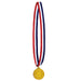 An award medal on a neck ribbon featuring a soccer design. Sold as a single piece.