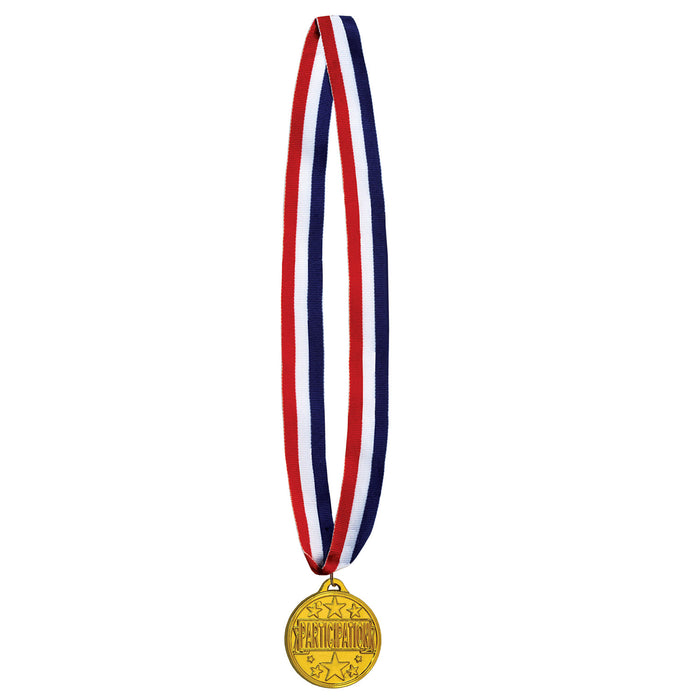 An award medal on a neck ribbon featuring a participation design. Sold as a single piece.