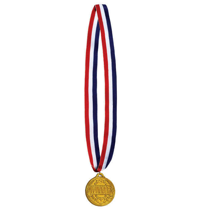 An award medal on a neck ribbon featuring a winner design. Sold as a single piece.
