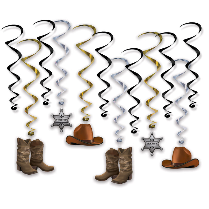 A cluster of hanging swirl decorations featuring a western design. Comes in a pack of 12.