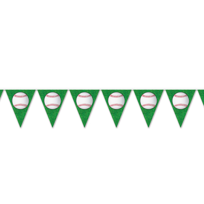 A pennant banner of triangular flags printed with a baseball design. Sold as a single piece.