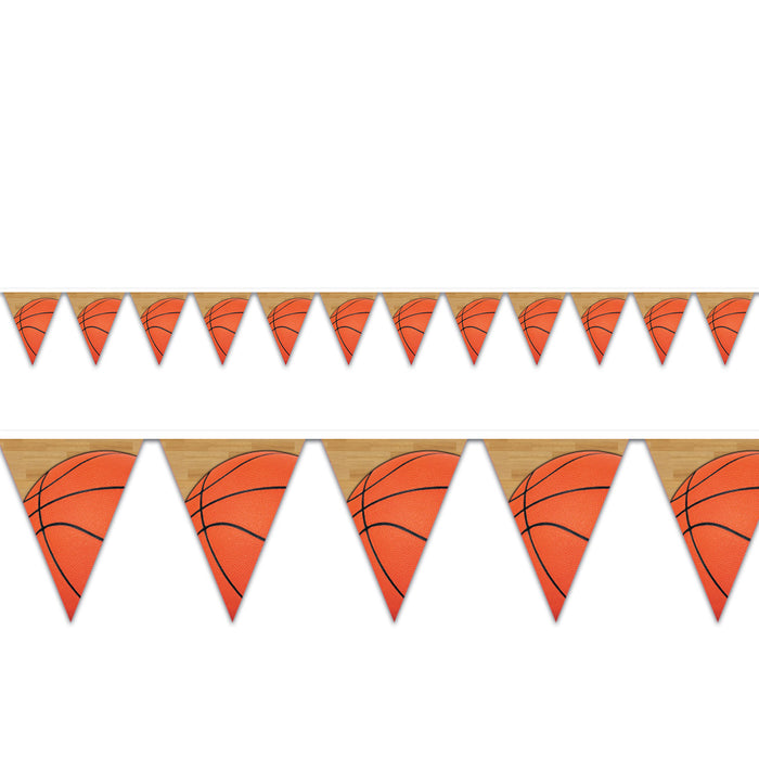 A pennant banner of triangular flags printed with a basketball design. Sold as a single piece.