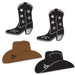 A foil set of flat die-cut silhouettes featuring a cowboy hat & boot design. Comes in a pack of 4.