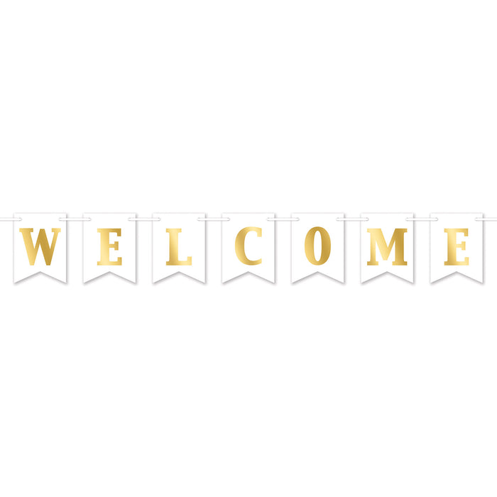 A foil coiled hanging streamer featuring a welcome design. Sold as a single piece.