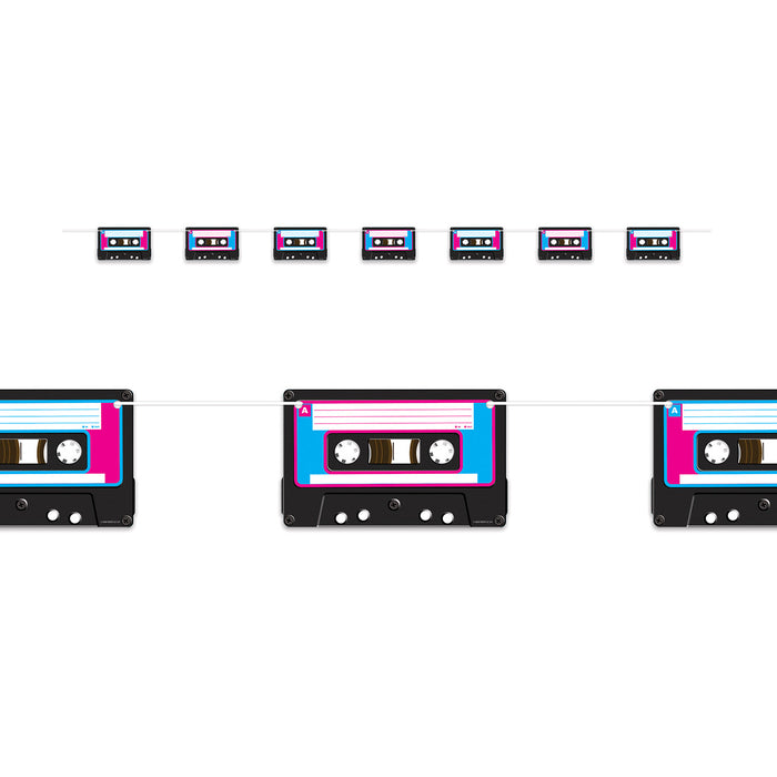 A coiled hanging streamer featuring a cassette tape design. Sold as a single piece.
