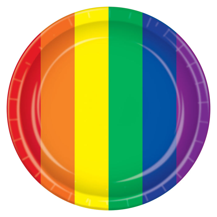 A rainbow round party plate. Comes in a pack of 8.