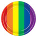 A rainbow round party plate. Comes in a pack of 8.
