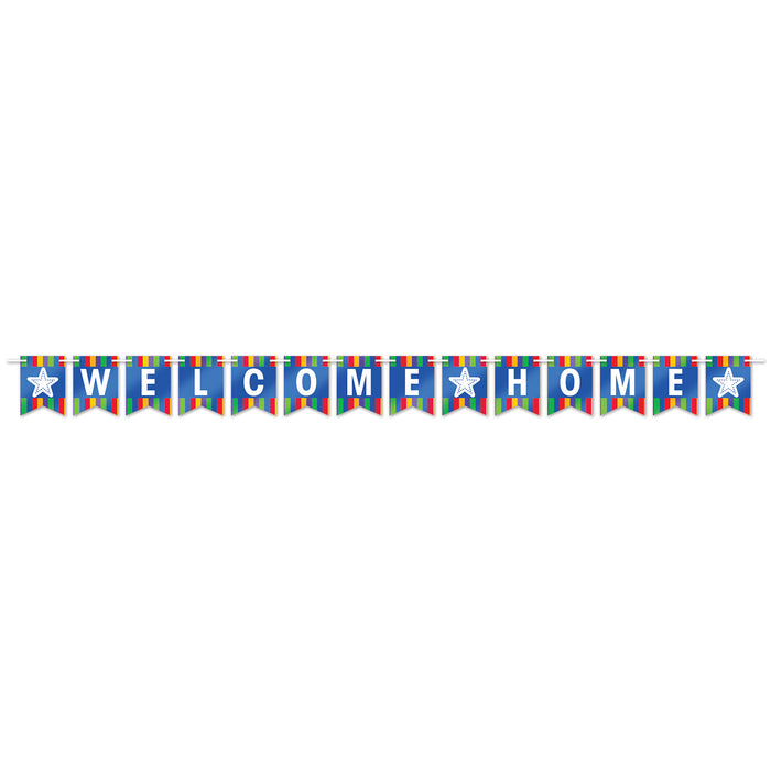 A foil coiled hanging streamer featuring a welcome home design. Sold as a single piece.