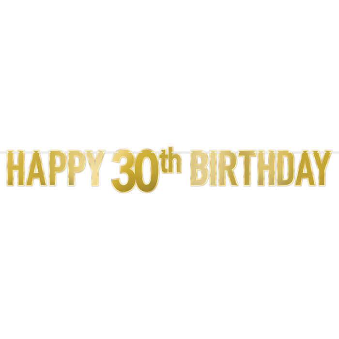 A foil coiled hanging streamer featuring a happy 30th birthday design. Sold as a single piece.