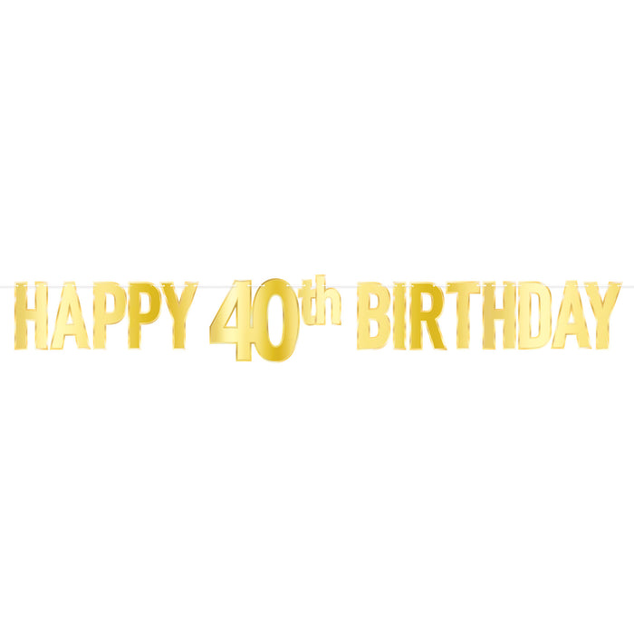 A foil coiled hanging streamer featuring a happy 40th birthday design. Sold as a single piece.