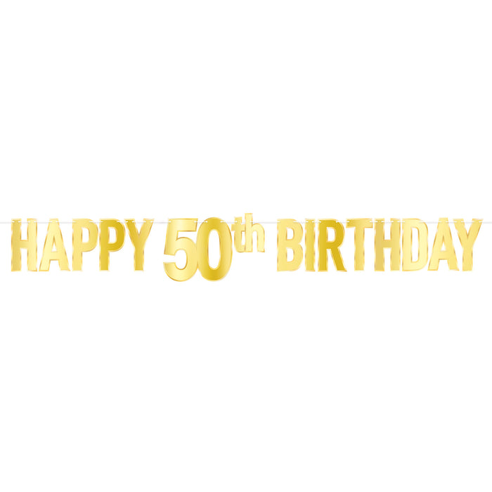 A foil coiled hanging streamer featuring a happy 50th birthday design. Sold as a single piece.