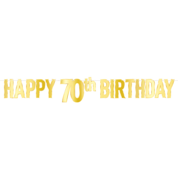 A foil coiled hanging streamer featuring a happy 70th birthday design. Sold as a single piece.