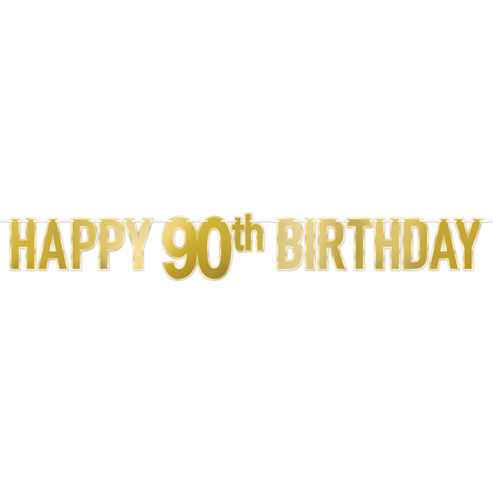 A foil coiled hanging streamer featuring a happy 90th birthday design. Sold as a single piece.
