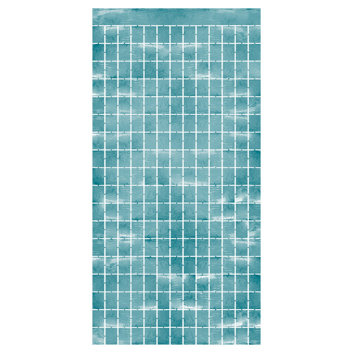 A metallic hanging fringe doorway curtain featuring a square design. Sold as a single piece.