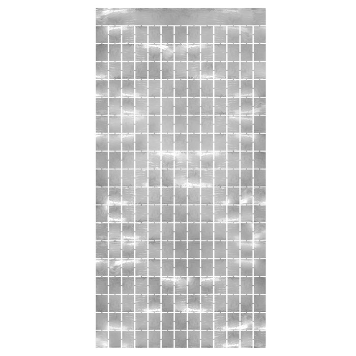A metallic hanging fringe doorway curtain featuring a square design. Sold as a single piece.