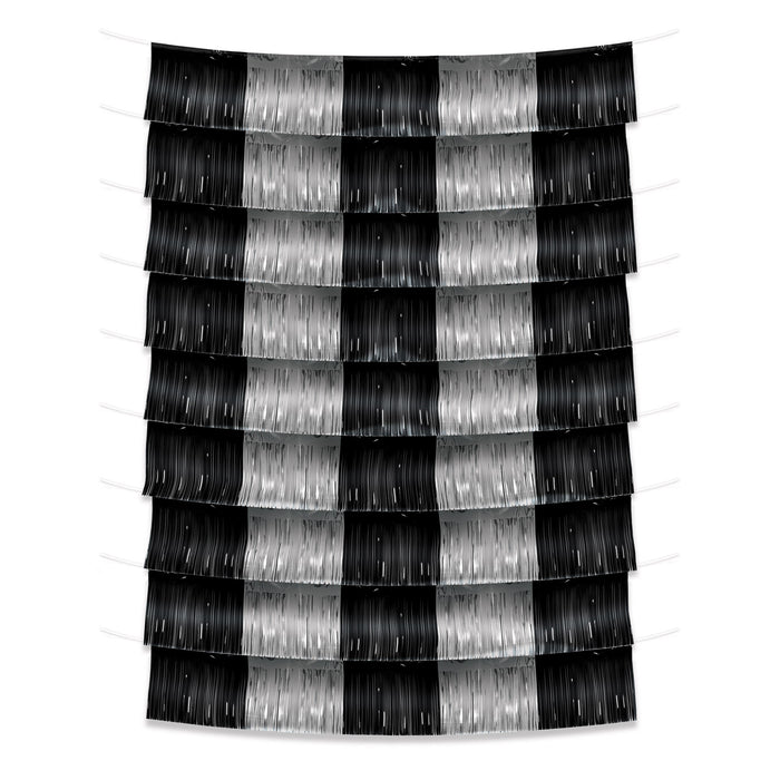 A metallic hanging garland featuring a fringe backdrop design. Comes in a pack of 9.