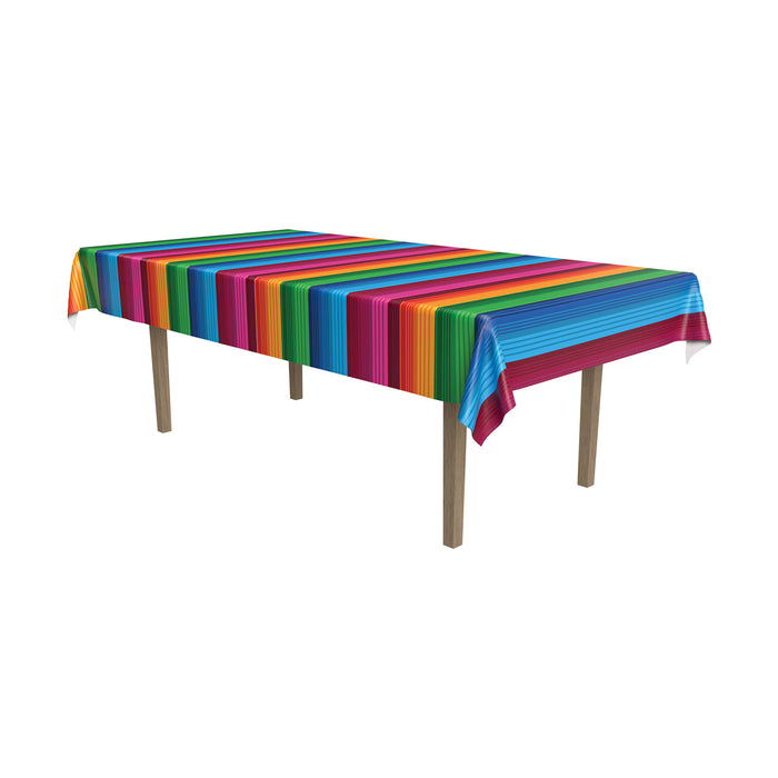 A fabric rectangular table cover printed with a fiesta design. Sold as a single piece.