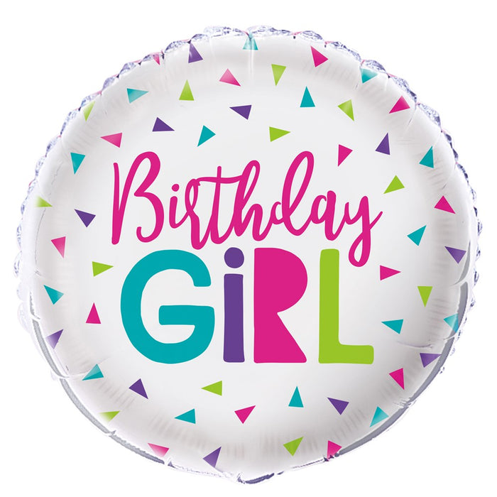 A foil balloon shown inflated against a white background, printed with a confetti birthday girl 18" | 1ct design.