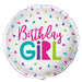 A foil balloon shown inflated against a white background, printed with a confetti birthday girl 18" | 1ct design.