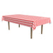 A rectangular table cover printed with a striped design. Sold as a single piece.