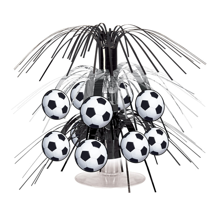 A hanging cascade centerpiece featuring a soccer ball design. Sold as a single piece.