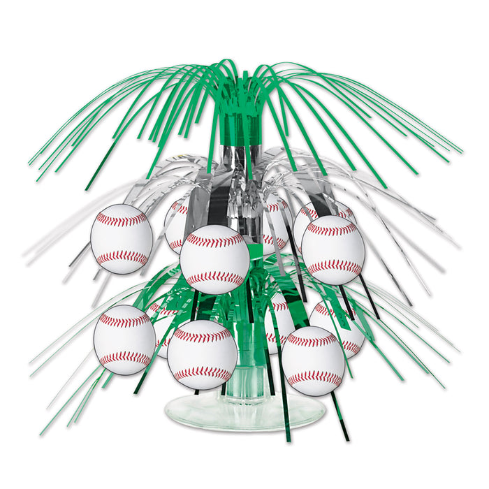 A hanging cascade centerpiece featuring a baseball design. Sold as a single piece.