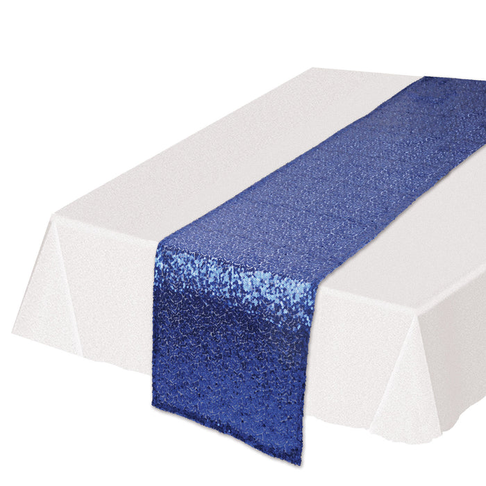A sequined table runner. Sold as a single piece.