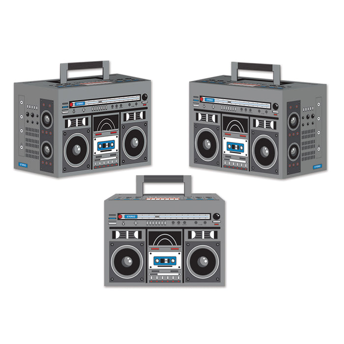 A set of paper favor boxes featuring a boom box design. Comes in a pack of 3.