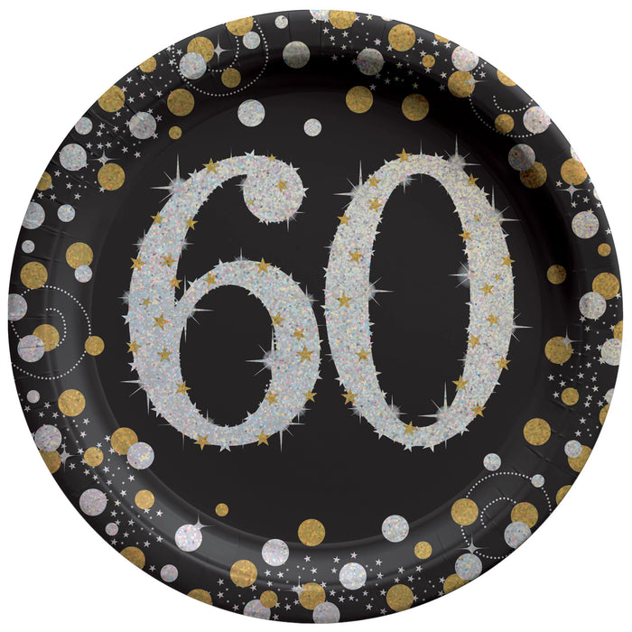 Sparkling Celebration 60 round 7-inch plate with a large silver 60, gold stars, sparkles, and gold and silver confetti on a black background.