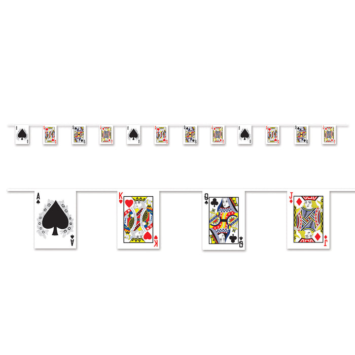A pennant banner of triangular flags printed with a playing card design. Sold as a single piece.