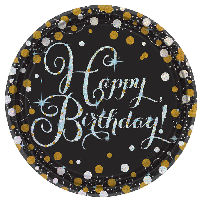 Sparkling Celebration 7-inch paper plates featuring black background with gold and silver confetti border and glitter “Happy Birthday” script in the center.